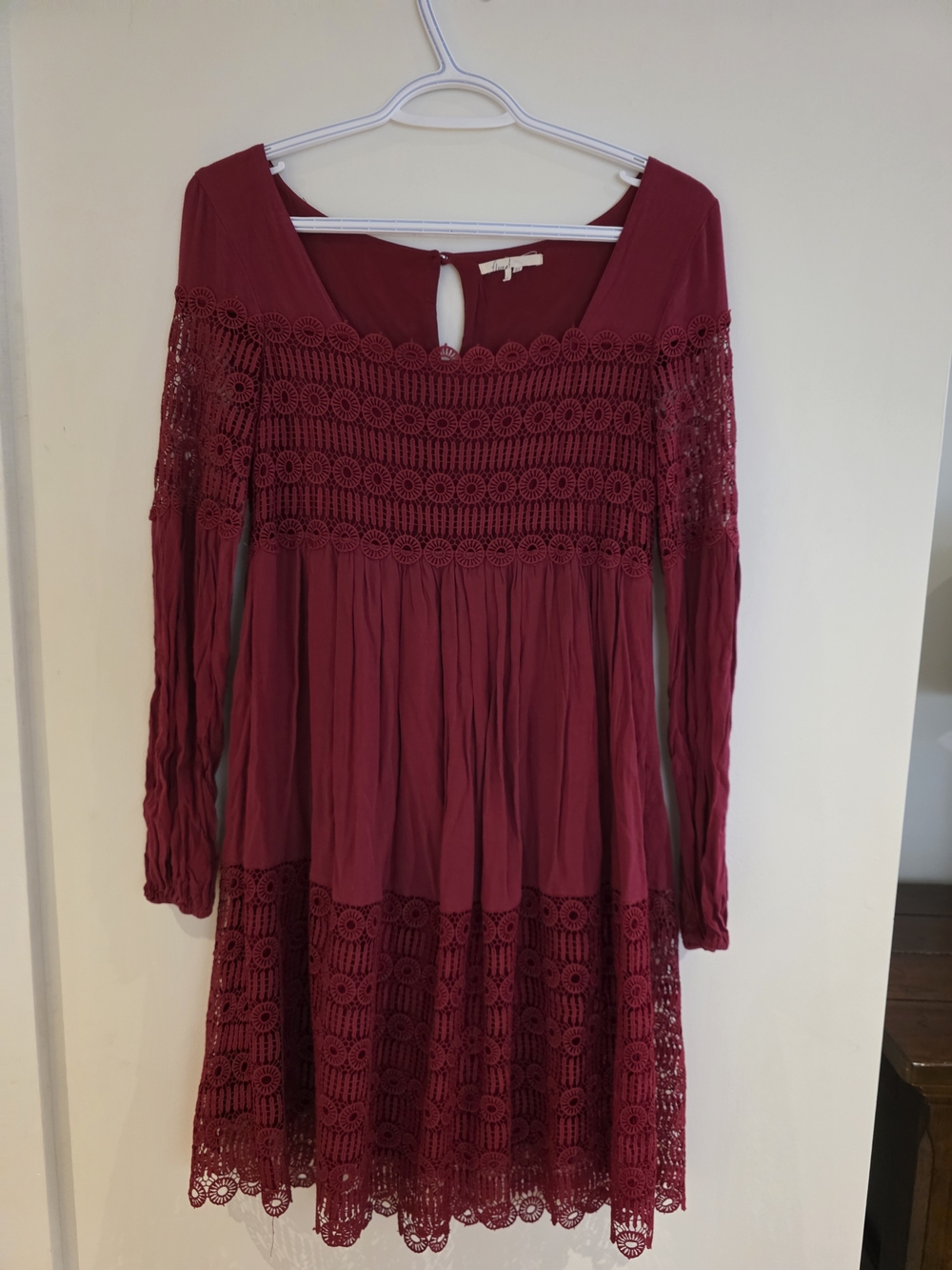 Free People Burgundy Crochet Lace Long Sleeve Dress